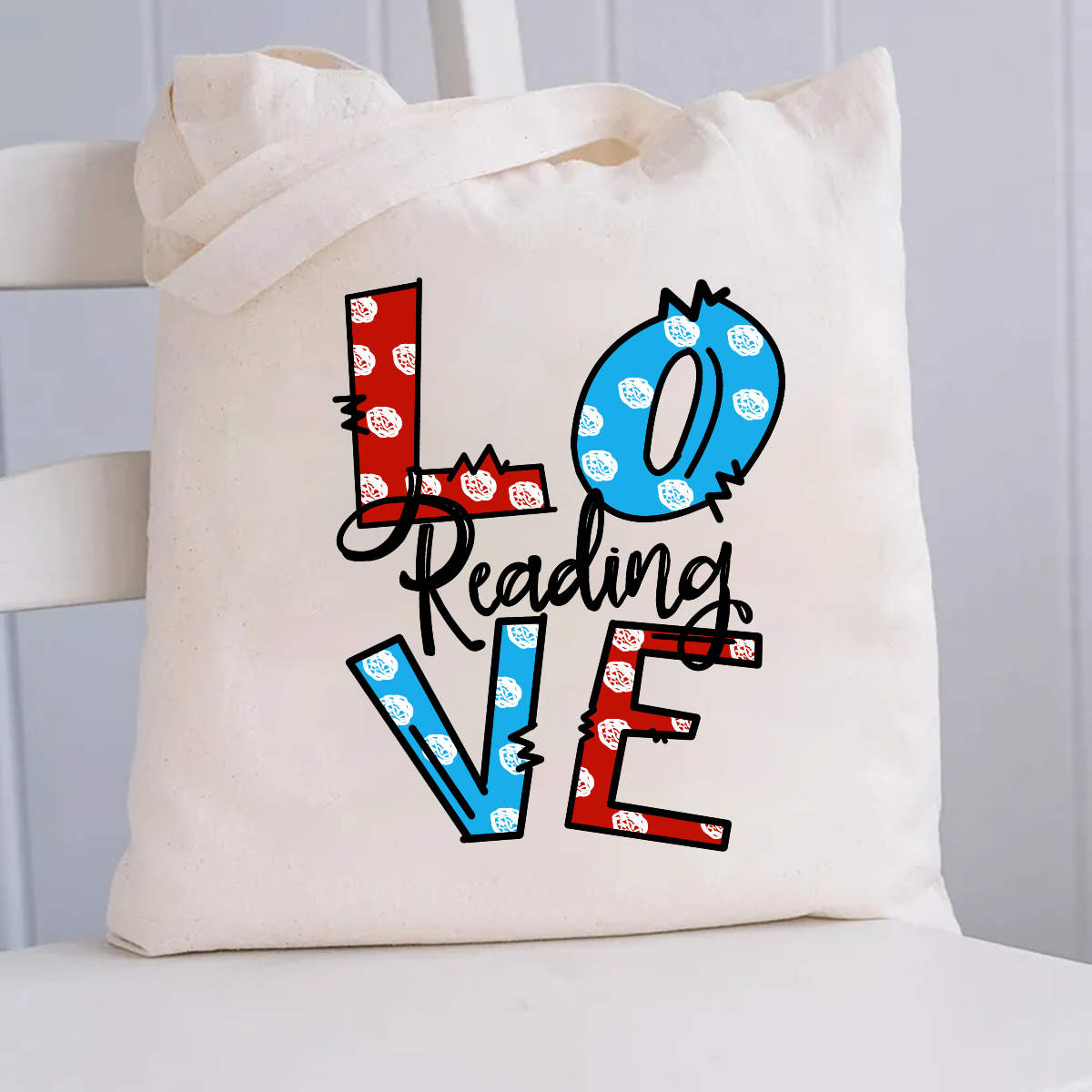 Love Reading Red Blue Polka Dots Canvas Tote Bag