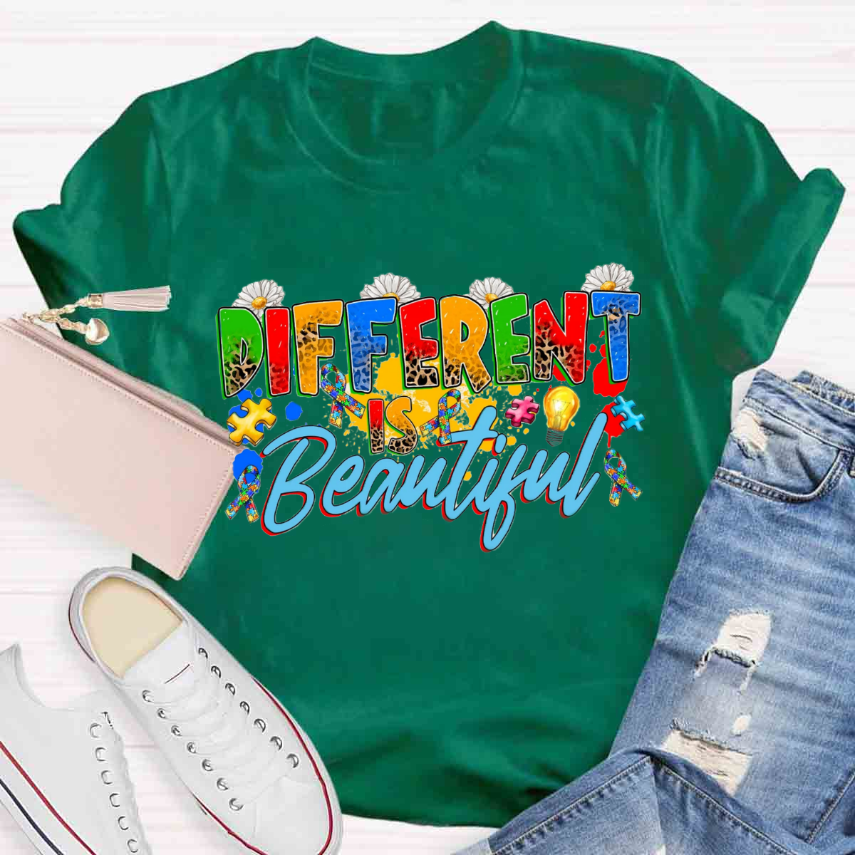 Different Is Beautiful Floral Teacher T-Shirt