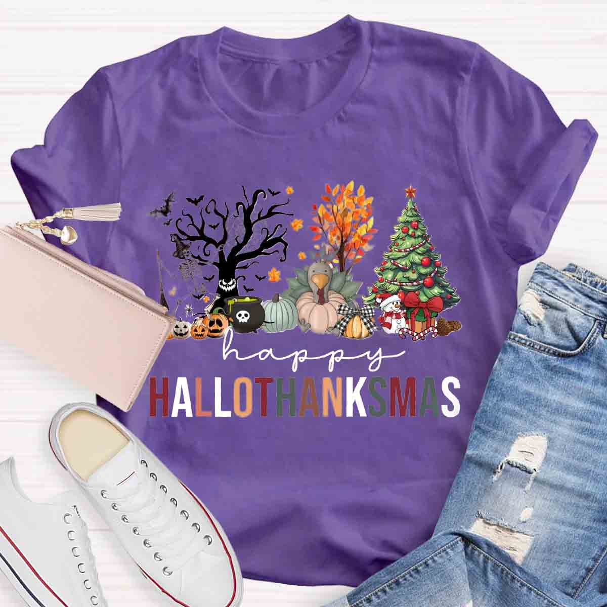 Happy Hallothanksmas Halloween Fall and Christmas T-shirt