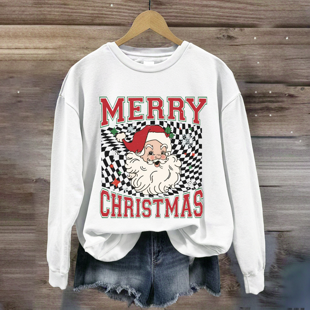 Merry Christmas Plaid Print Santa Sweatshirt