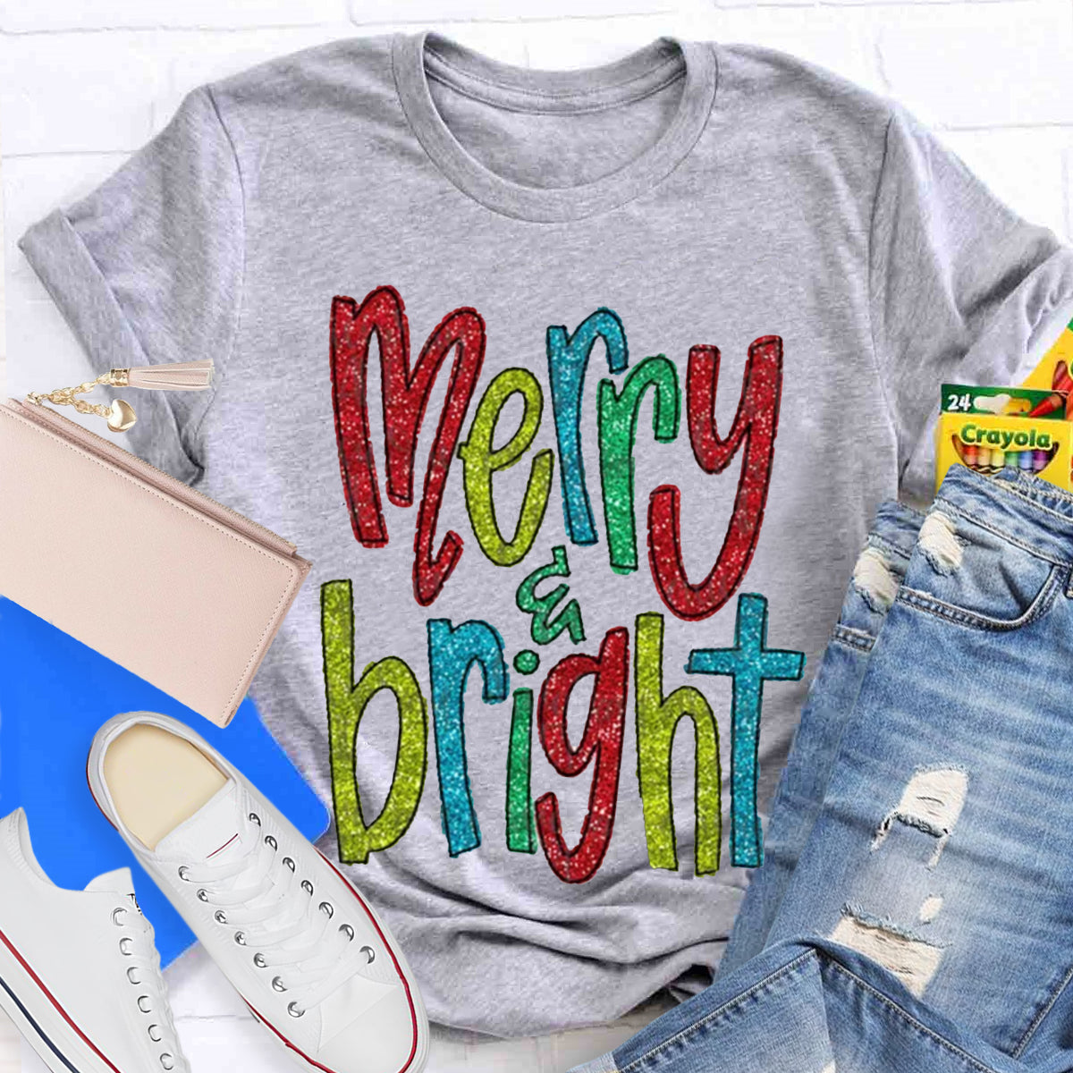 Glitter Merry And Bright Teacher T-Shirt