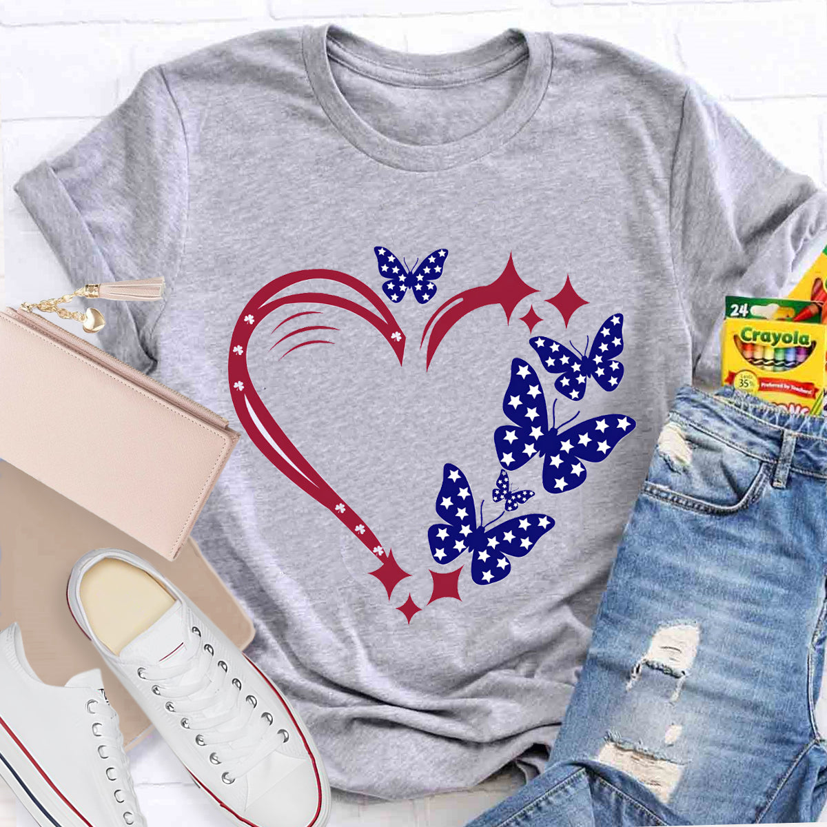 Stars And Strips Butterfly Teacher T-Shirt