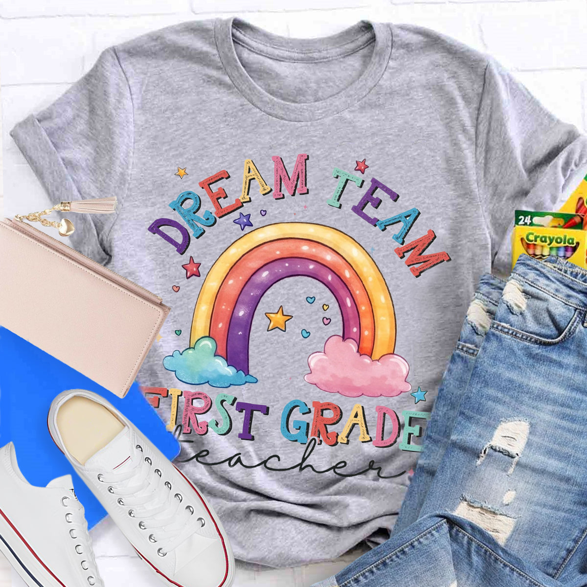 Personalized Grade Dream Team Teacher Rainbow T-Shirt