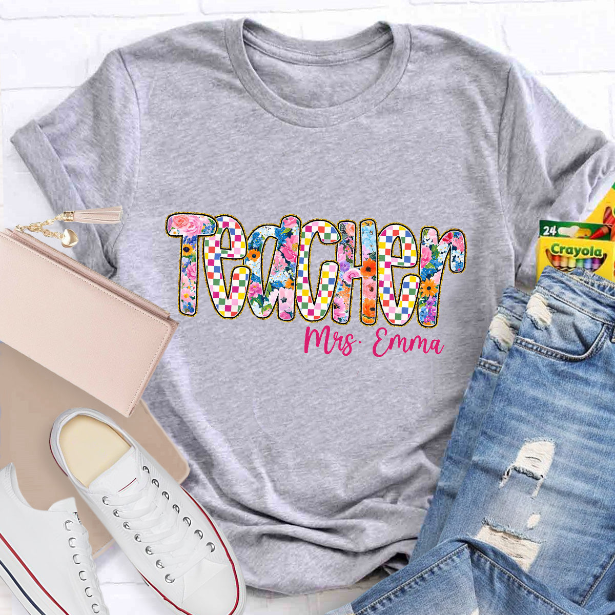 Personalized Name Pink Flowers  Teacher T-Shirt