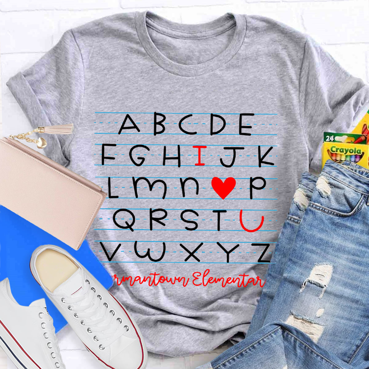 Personalized School Name I Love You Alphabet Teacher T-Shirt