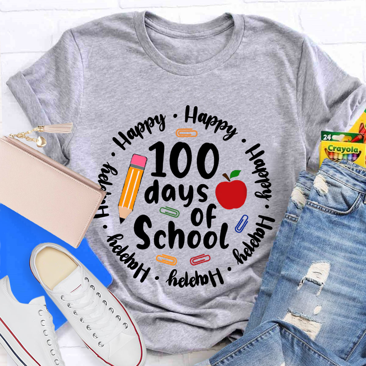 Happy 100 Days Of School Apple Pencil Teacher T-Shirt