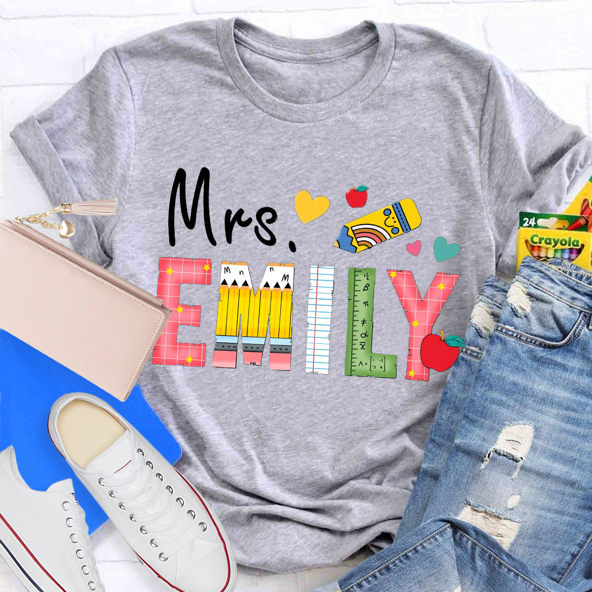 Personalized Name Apple Pencil Teacher Emily T-Shirt