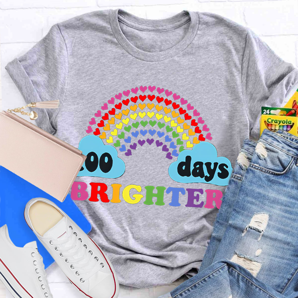 100 Days Brighter Heart Rainbow Teacher T-Shirt