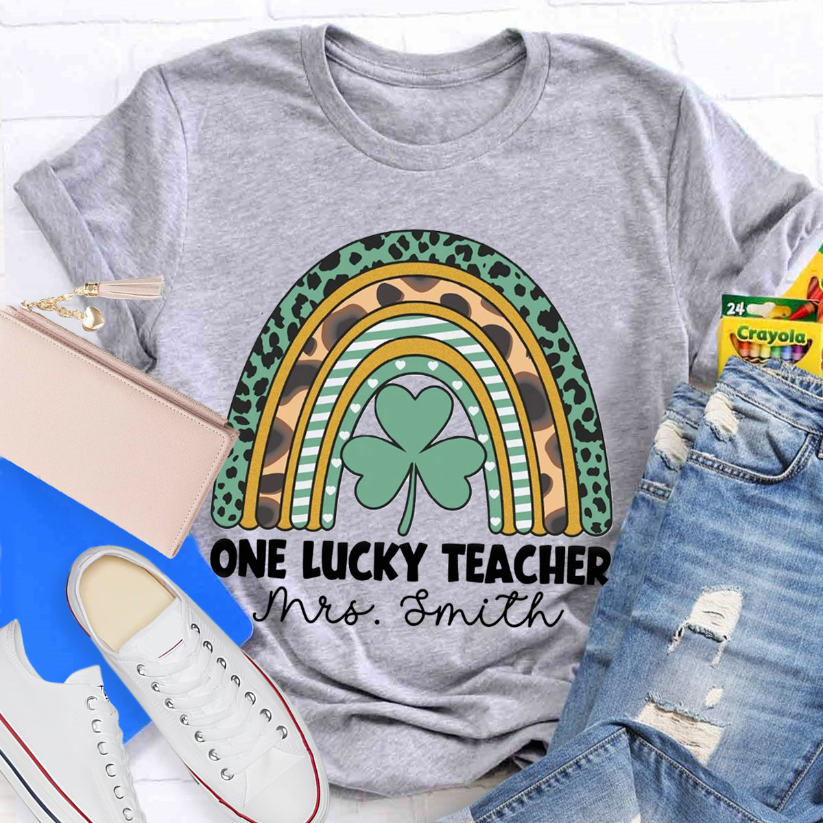 Personalized Name One Lucky Teacher Leopard Rainbow T-Shirt