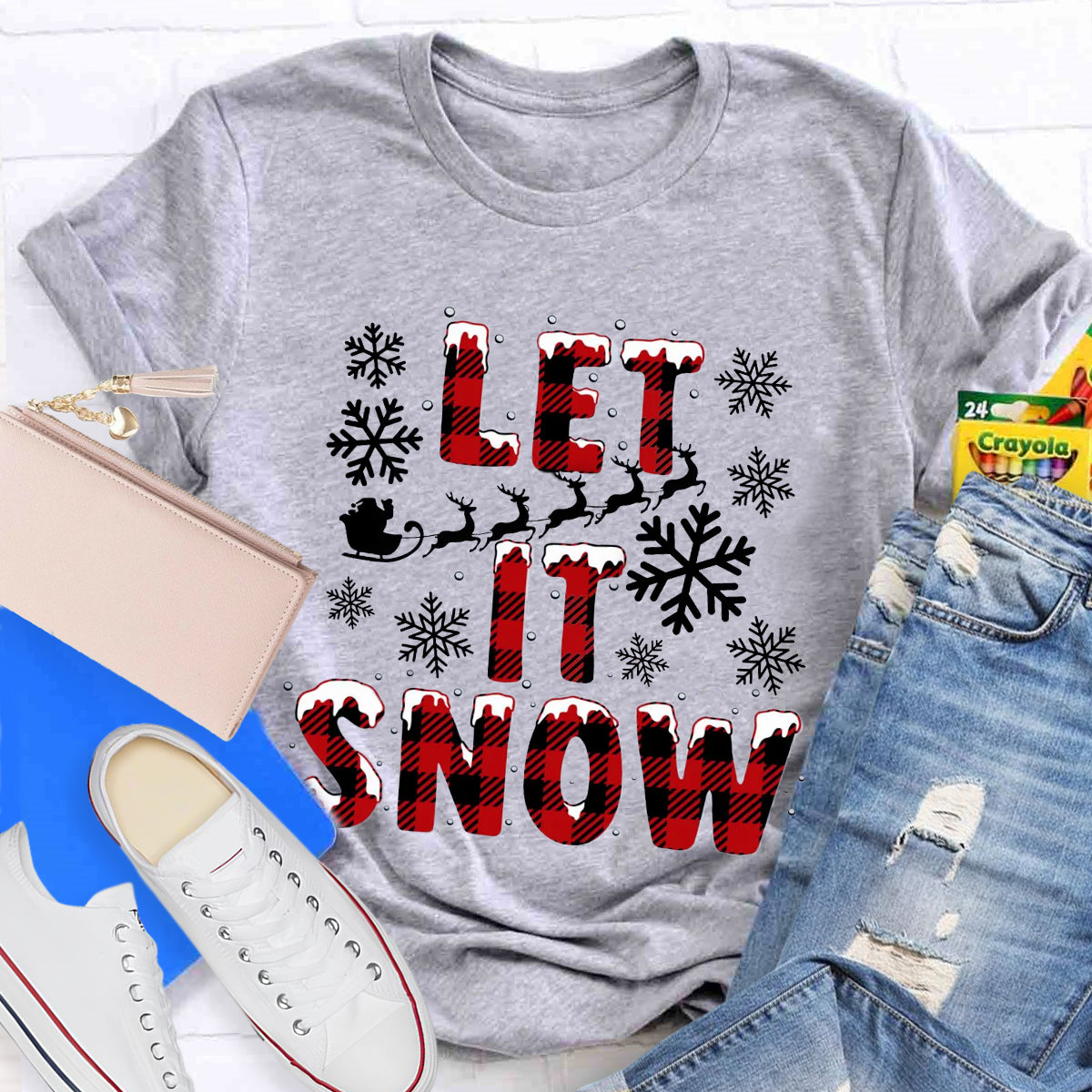 Let It Snow Red Plaid Teacher T-Shirt