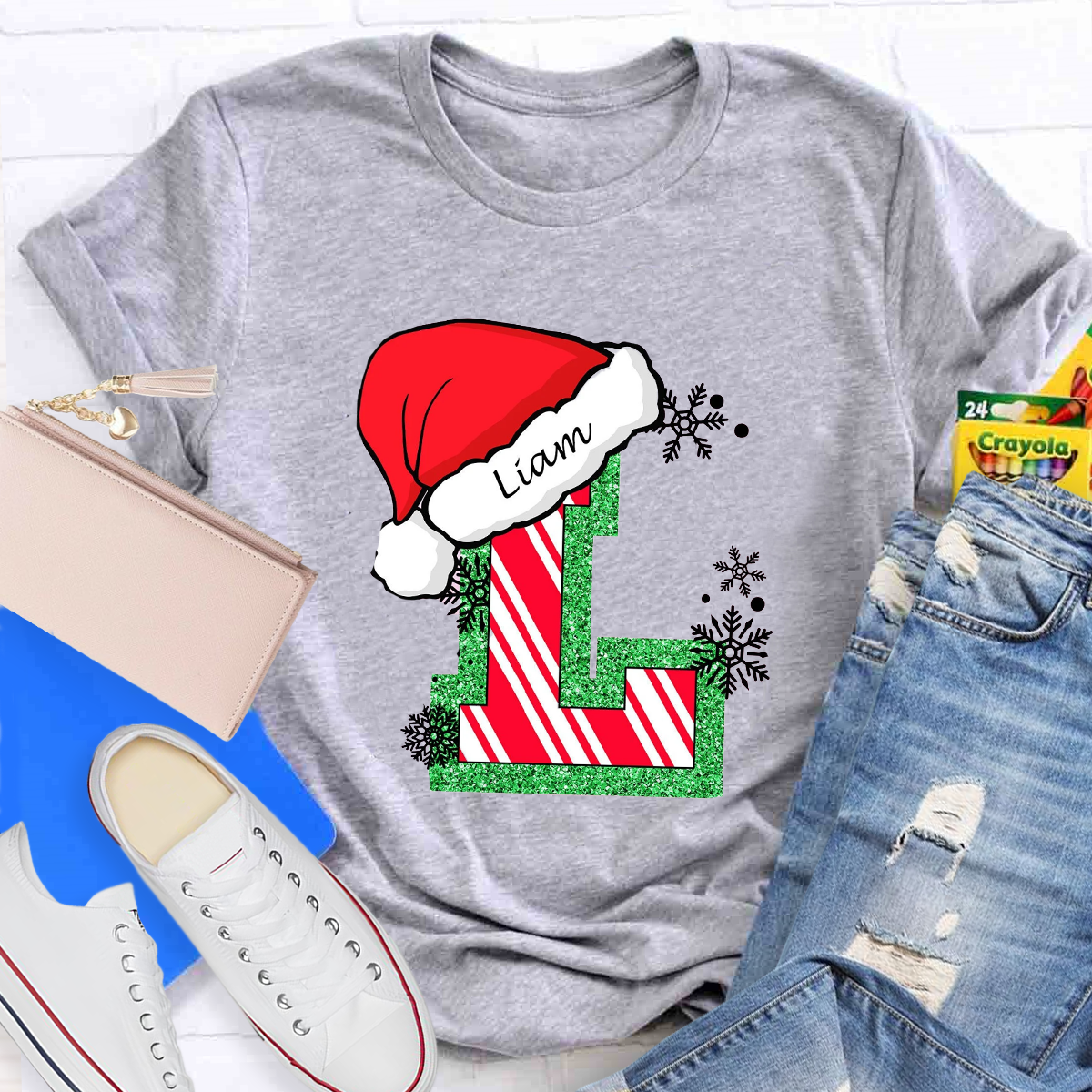 Personalized Name Merry Christmas Santa Holiday Green Red Glitter T-Shirt