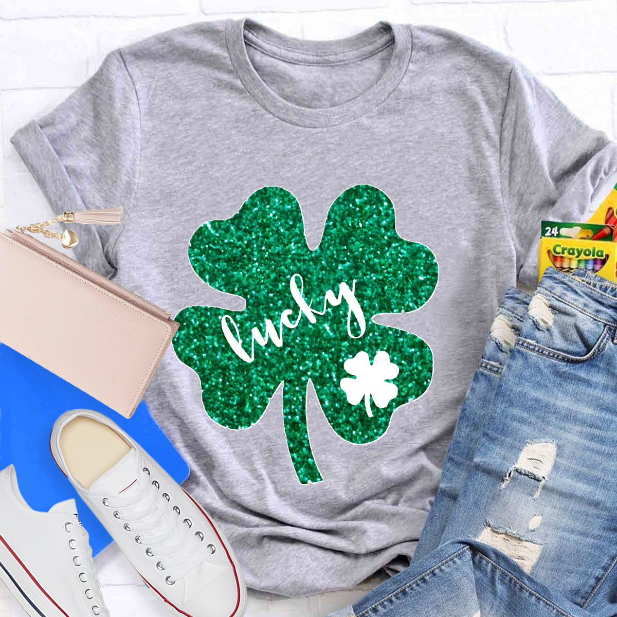 Green Glitter Shamrock Lucky Teacher T-Shirt