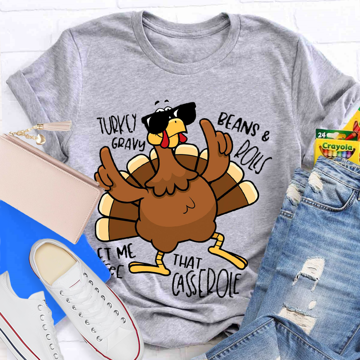 Turkey Gravy Beans Rolls Thanksgiving Teacher T-Shirt