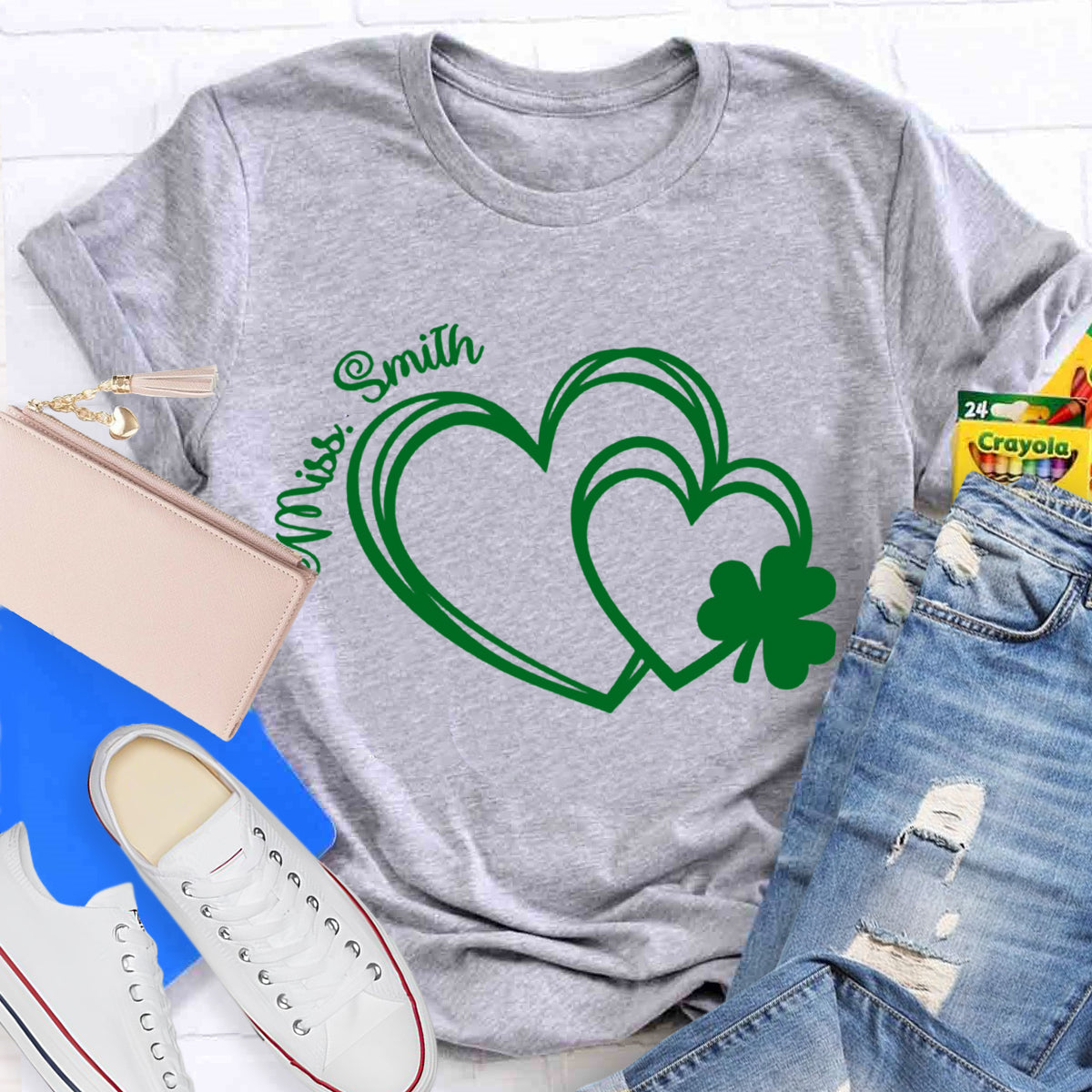 Personalized Name Heart Shamrock Teacher T-Shirt