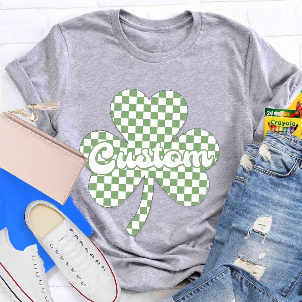 Personalized Name Checkered Clover Teacher T-Shirt