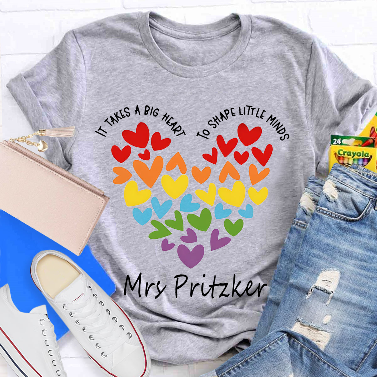 Personalized Name It Takes A Big Heart To Shape Little Minds Teacher T-Shirt