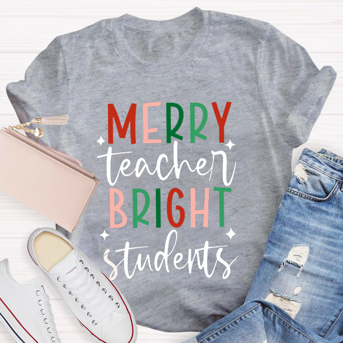 Merry Teacher Bright Students Christmas Teacher T-Shirt