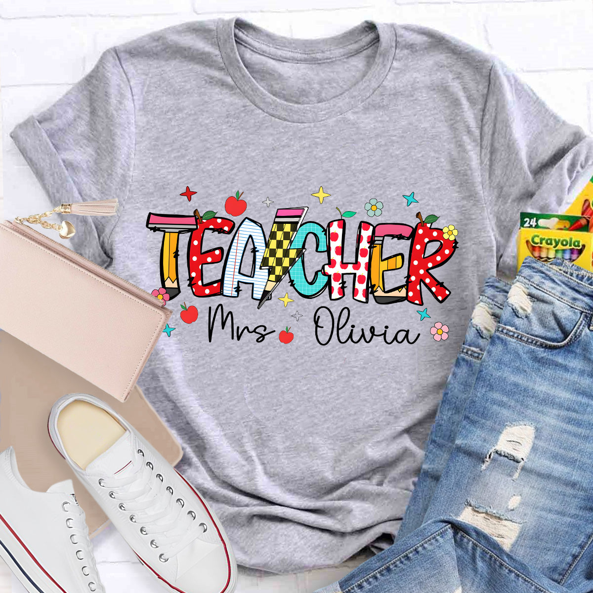 Personalized Name Star And Flower Teacher T-Shirt