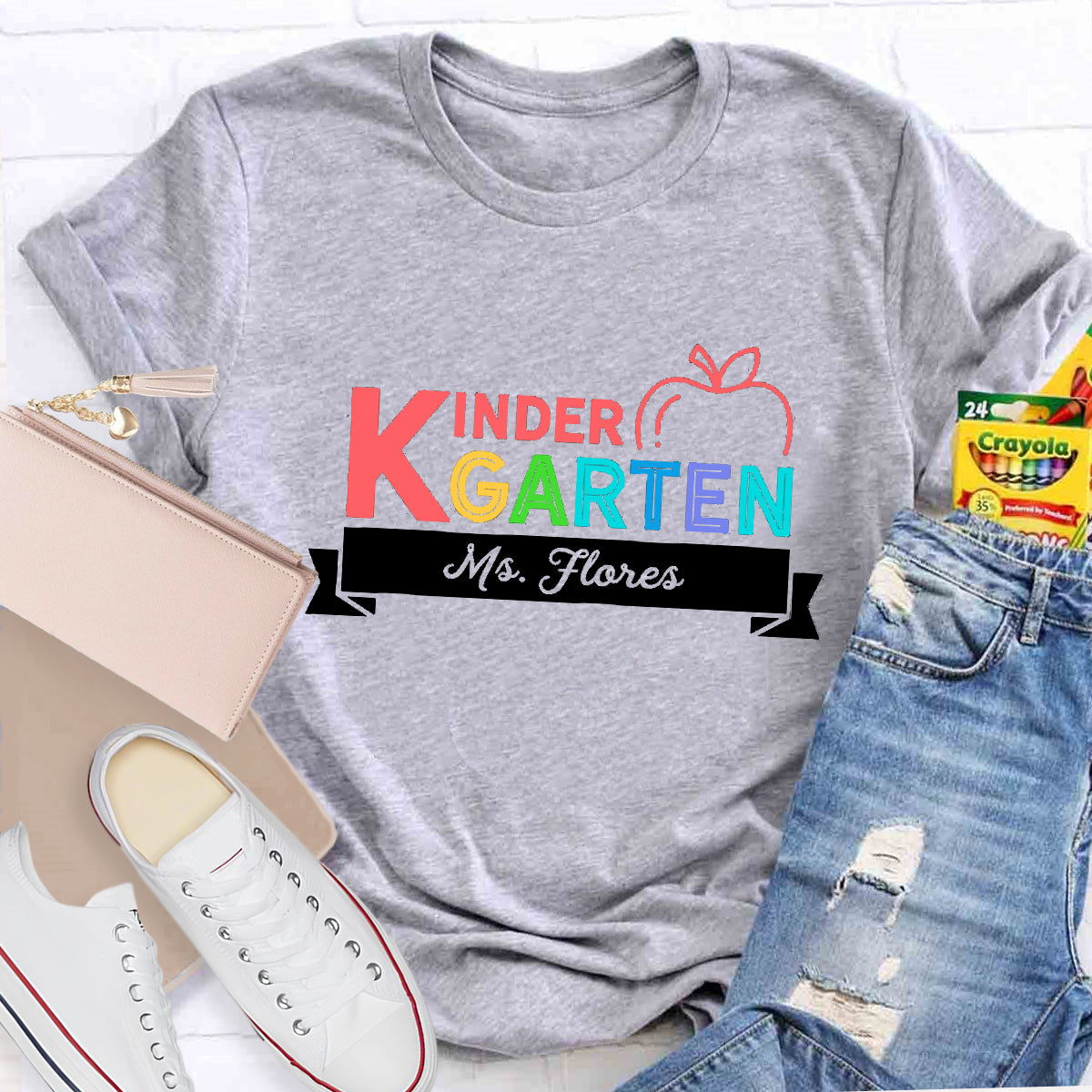 Personalized Kindergarten Teacher's Name  Apple Printed T-Shirt