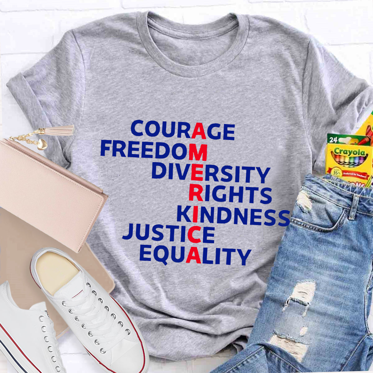 Courage Freedom Diversity Right Kindness Justice Equality America Teacher T-Shirt
