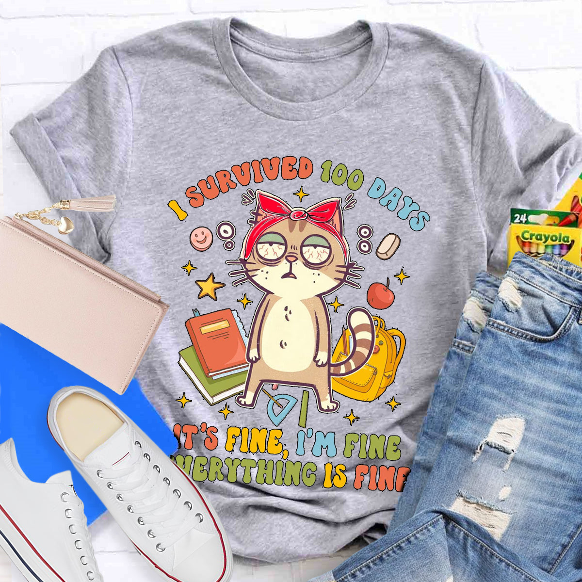 I Survived 100 Days Everything Is Fine Funny Cat  T-Shirt