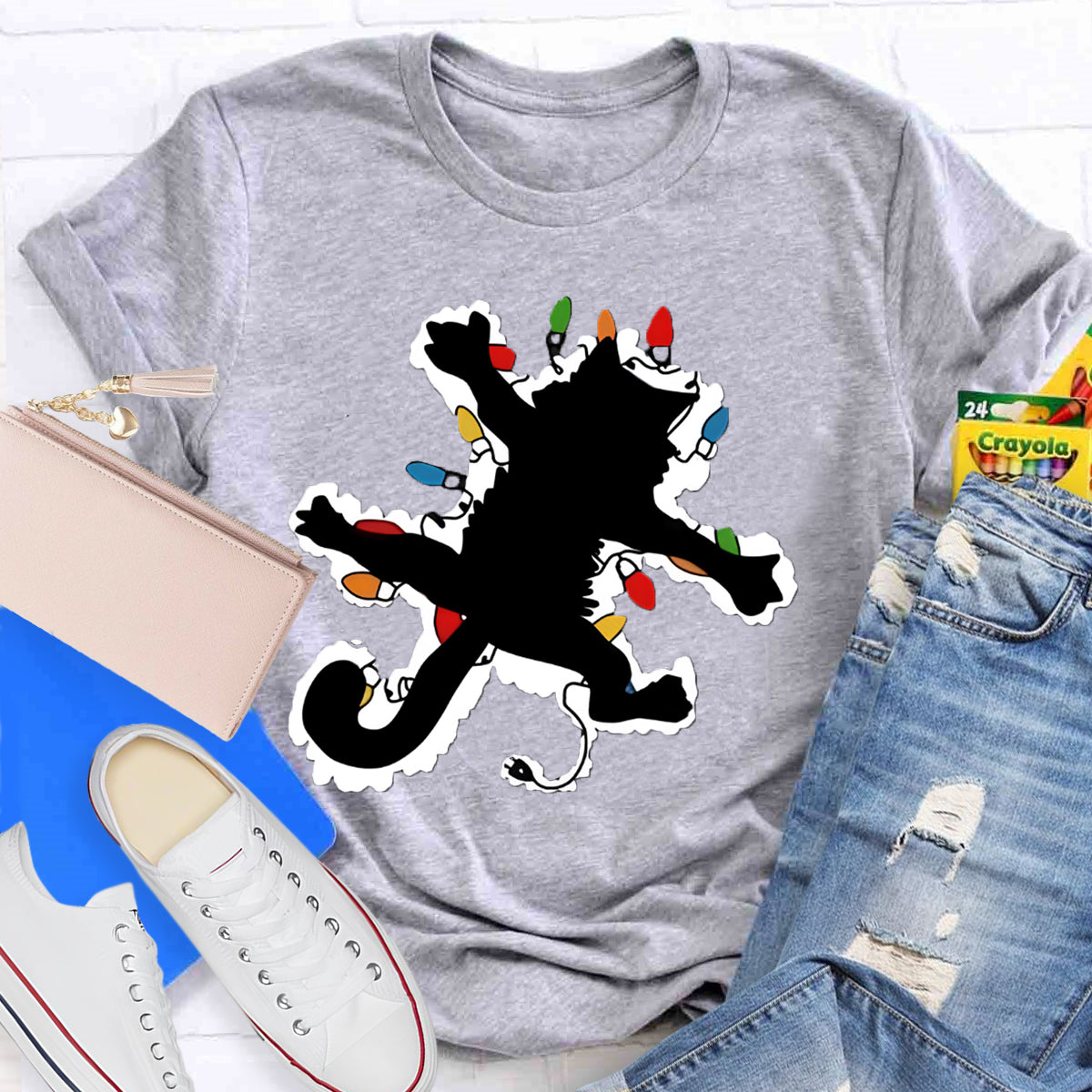 Pussy Cat And  Lights Christmas T-Shirt