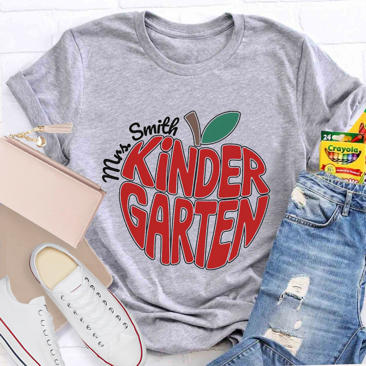 Personalized Kinder Garden Teacher Name Red Apple T-Shirt