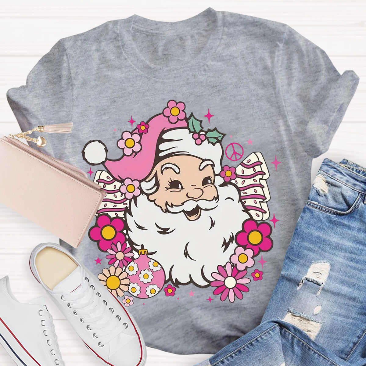 Hippie Santa Groovy Peace Christmas Teacher T-Shirt