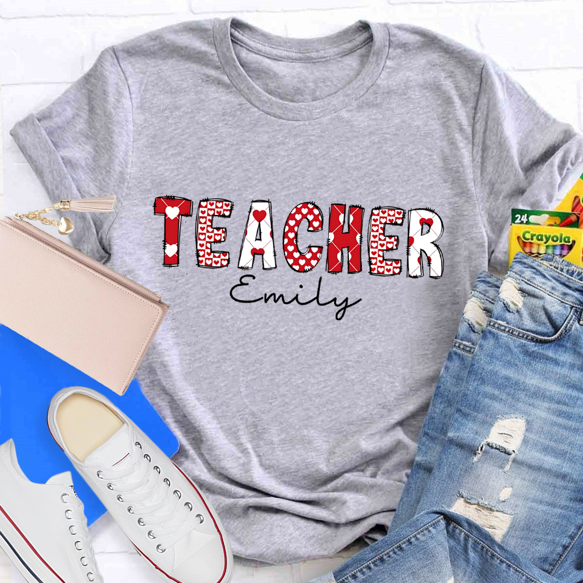 Personalized Name Pink Heart Printed Teacher T-Shirt