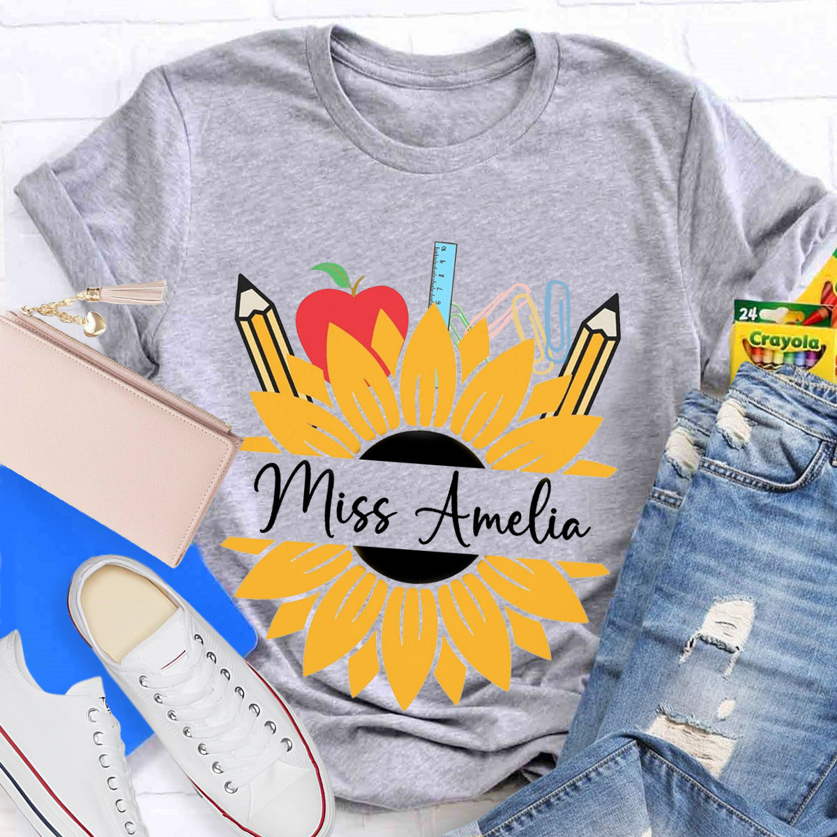 Personalized Name Sunflower Apple Pencil Teacher T-Shirt