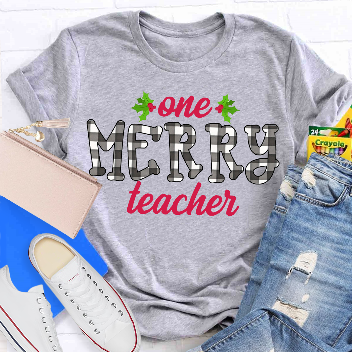 One Merry Teacher Christmas Plaid T-Shirt