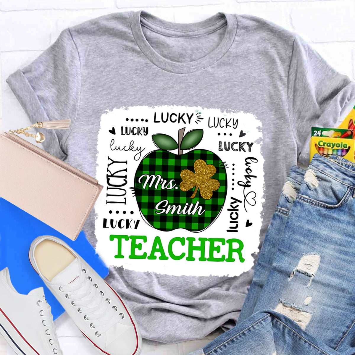 Personalized Name Lucky Teacher Green Apple T-Shirt