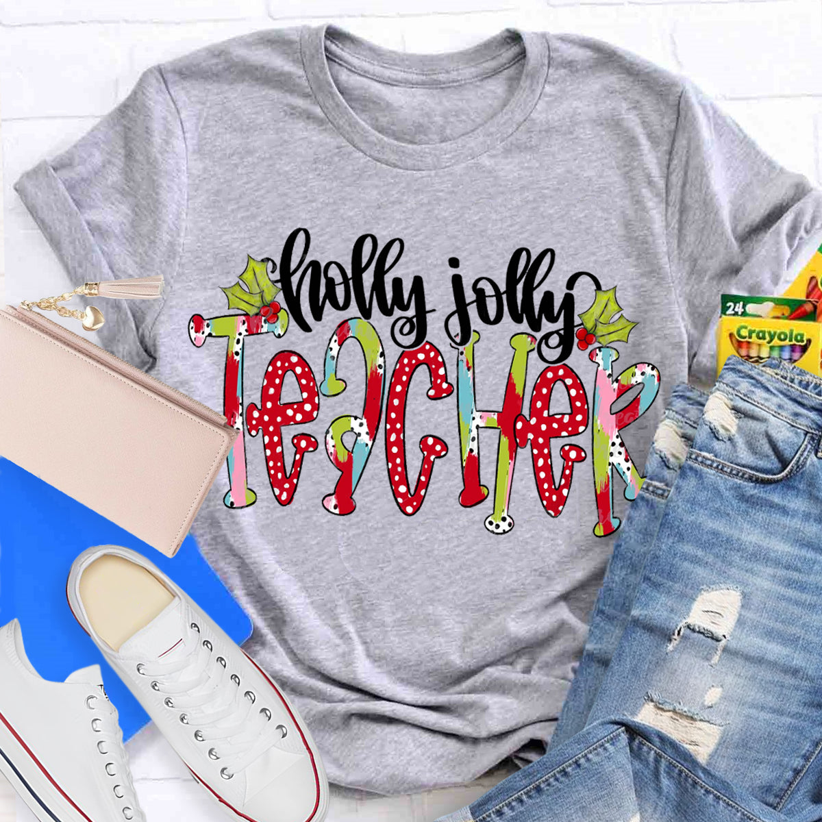 Holly Jolly Teacher Christmas Brushstrokes Dalmatian Dots Hand Lettered Teacher T-Shirt