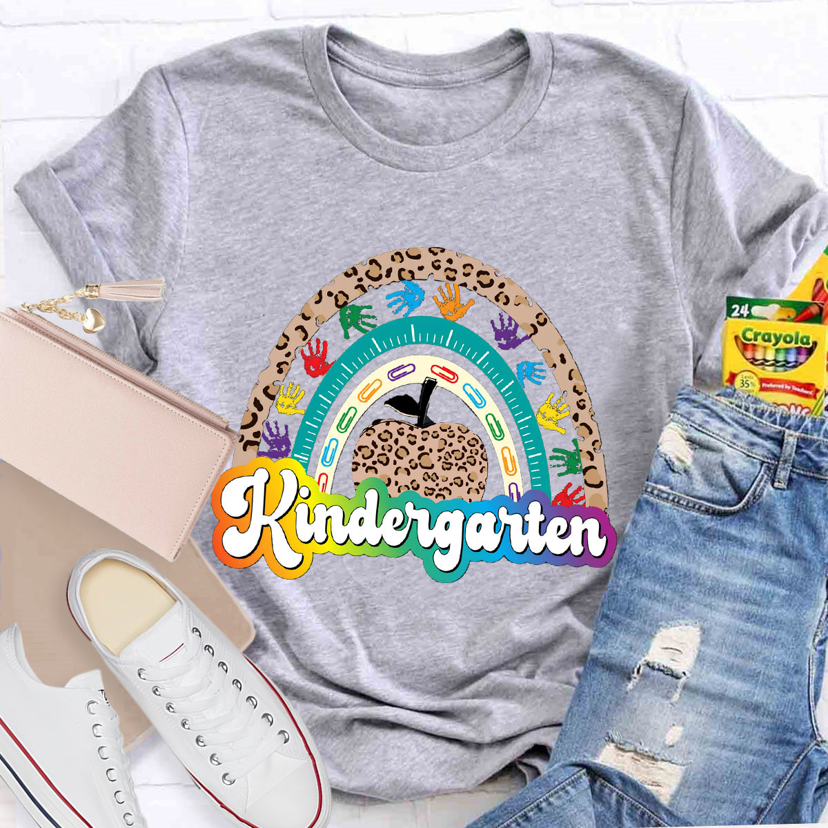 Personalized Grade Leopard Apple Rainbow Teacher T-Shirt