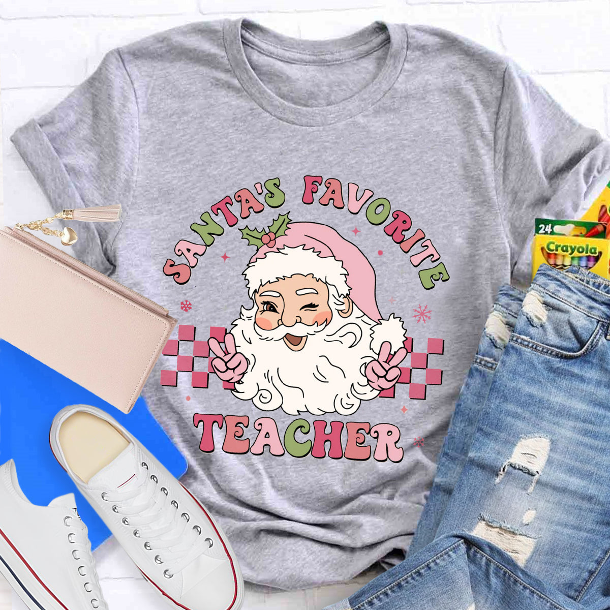 Santa's Favorite Teacher Pink Santa Claus T-Shirt