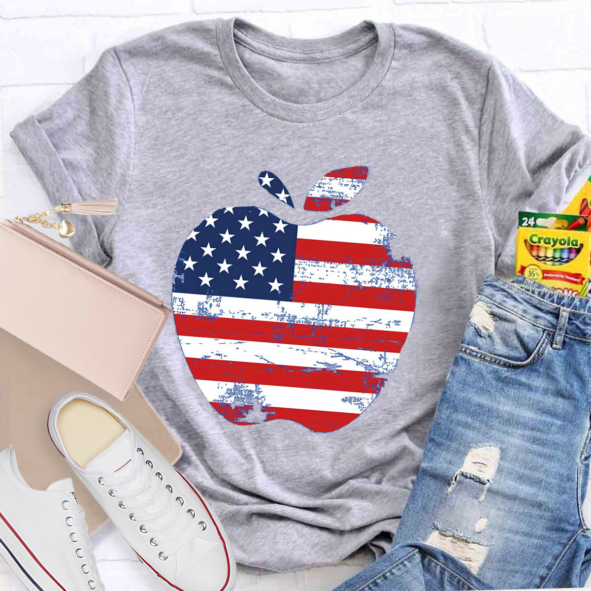 US Flag Apple Teacher T-Shirt