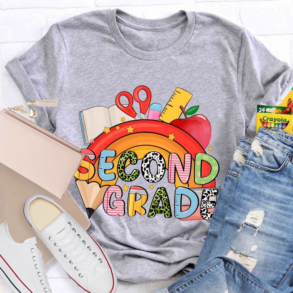 Personalized Grade Pencil Rainbow Second Grade Teacher T-Shirt