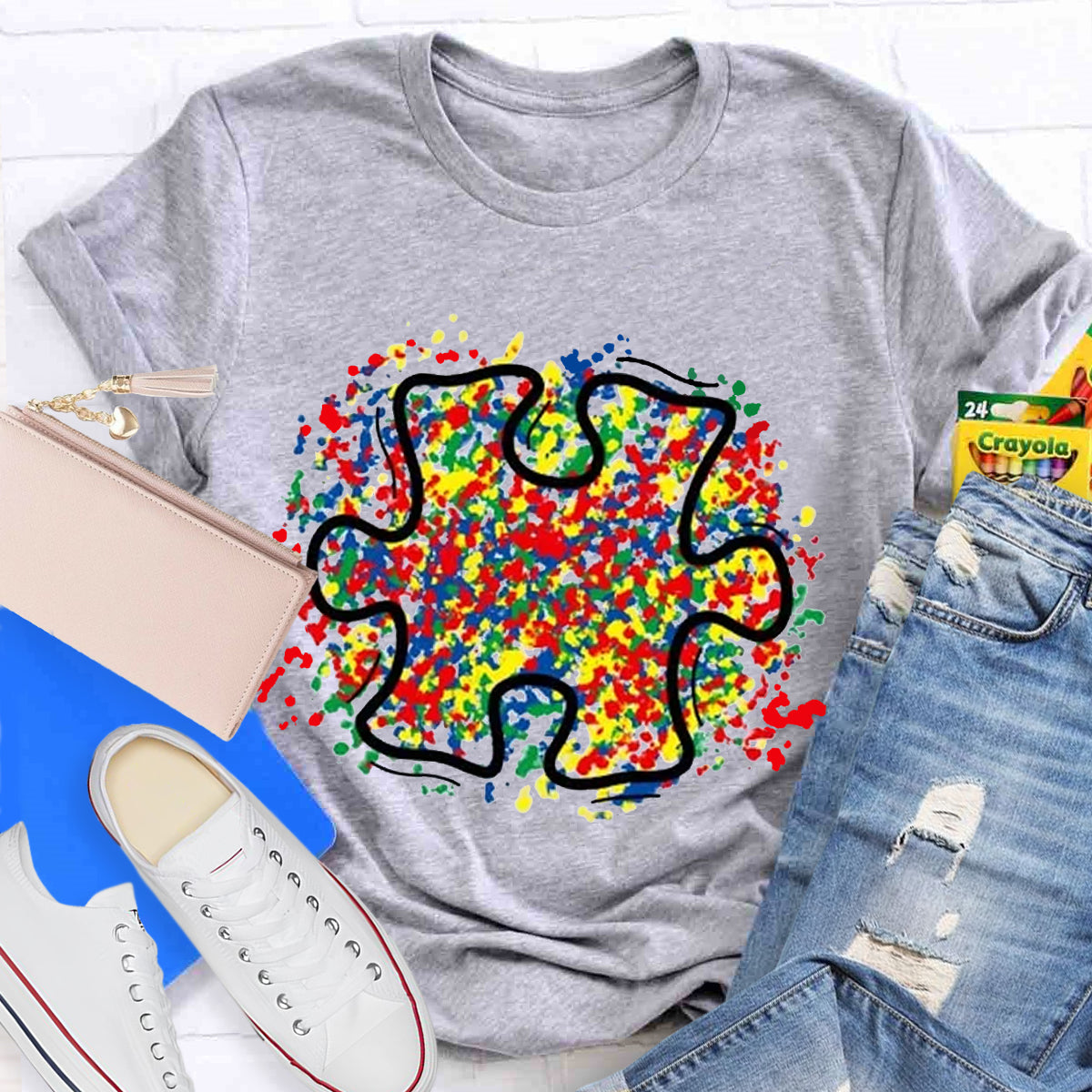 Colorful Autism Puzzle Piece Teacher T-Shirt