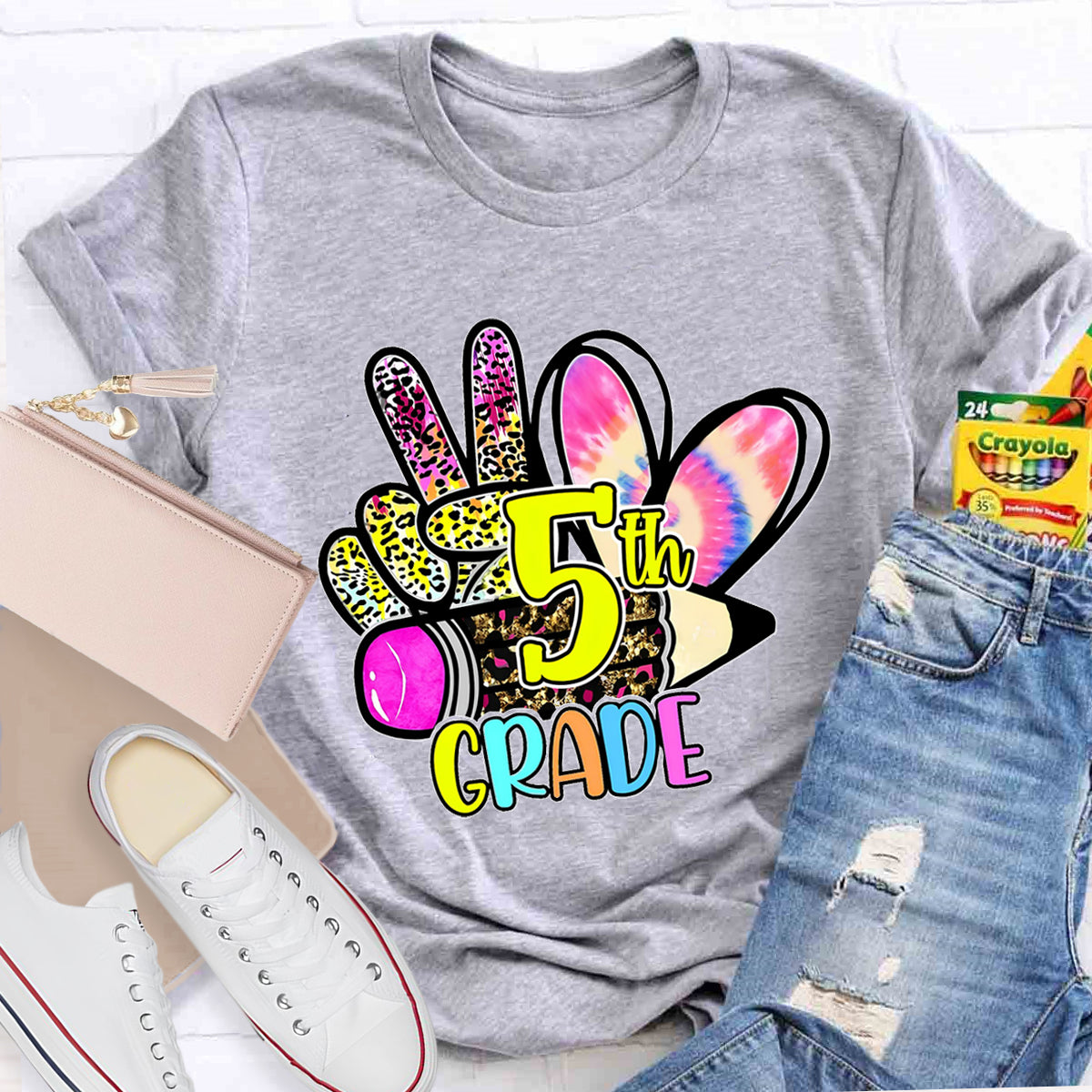 Personalized Grade Colorful  Leopard Heart  5th Grade Teacher T-Shirt
