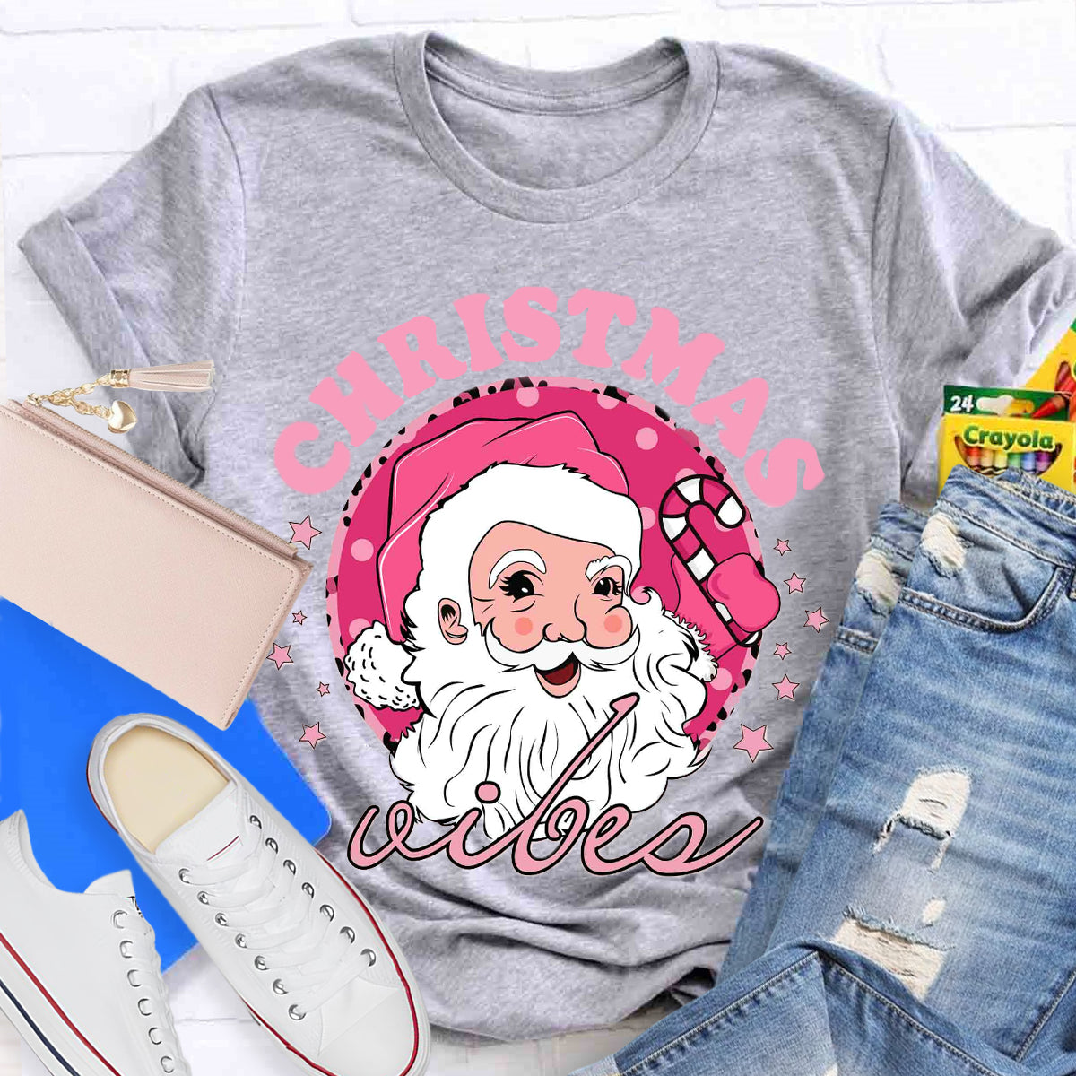 Christmas Vibes Pink Santa Claus T-Shirt