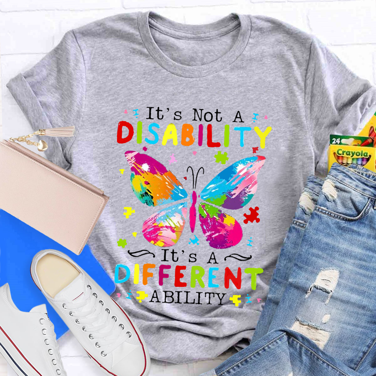 It's Not A Disability It's A Different Ability Puzzle Butterfly Teacher T-Shirt