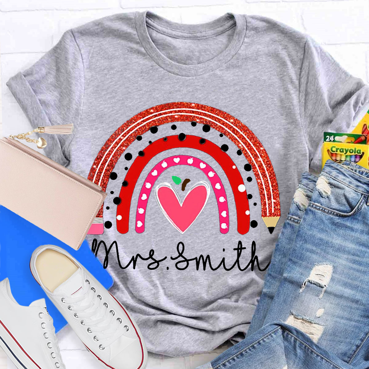 Personalized Name Rainbow Pencil Heart-Shaped Apple Teacher T-Shirt