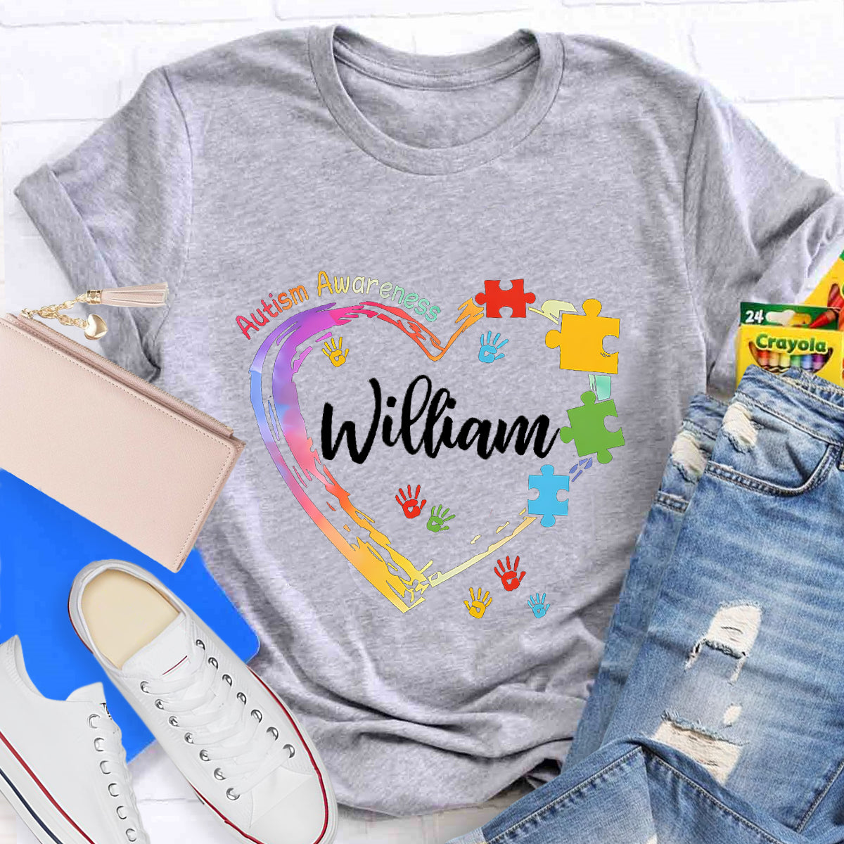 Personalized Name Autism Colorful Heart Teacher T-Shirt