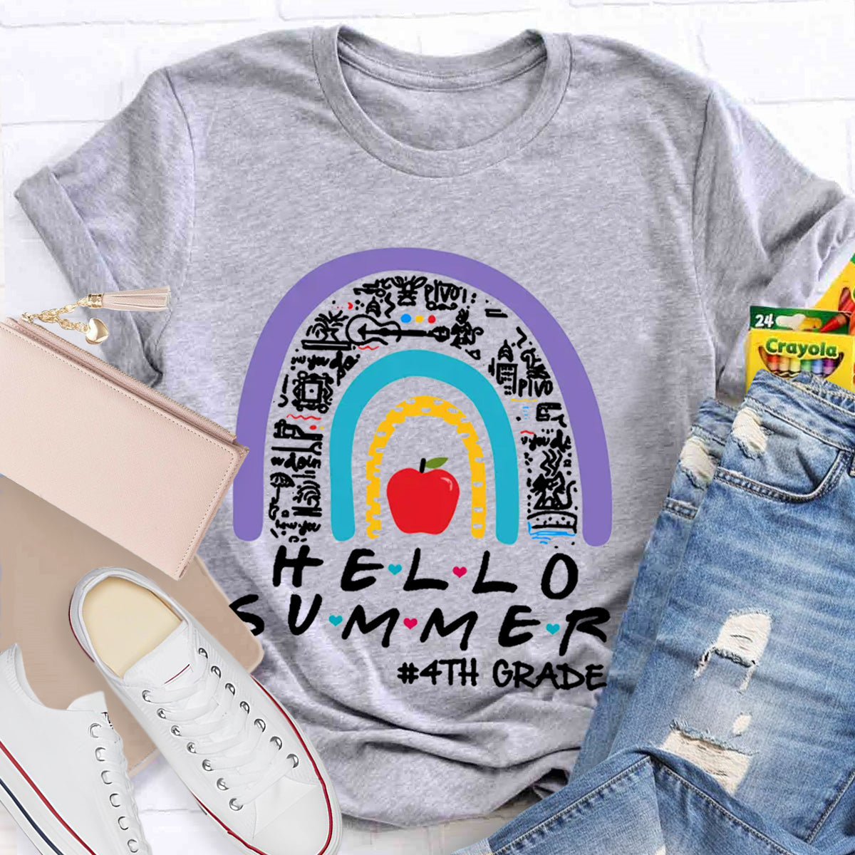Personalized Grade Hello Summer Apple Rainbow Teacher T-Shirt
