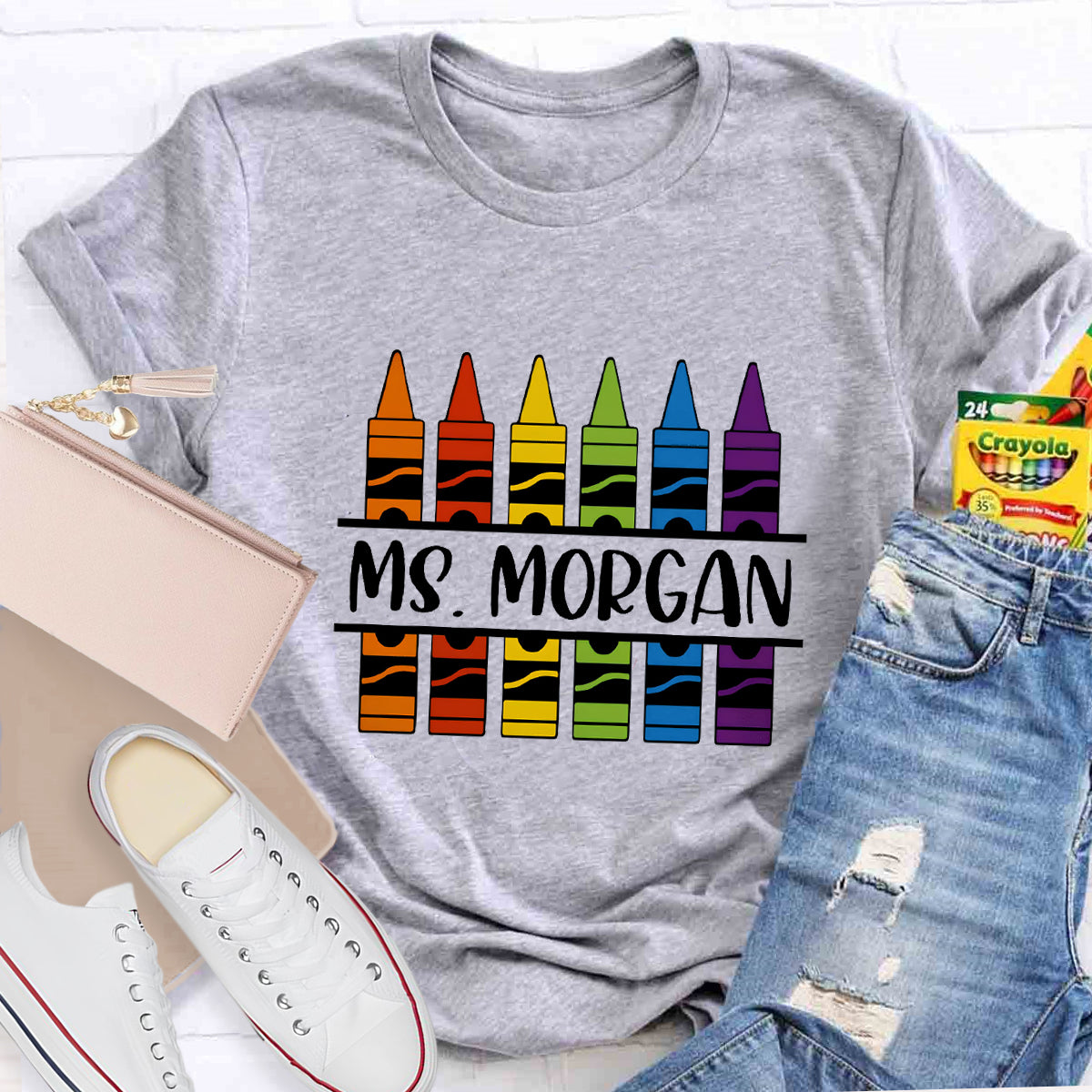 Personalized Name Crayon Printed Teacher T-shirt