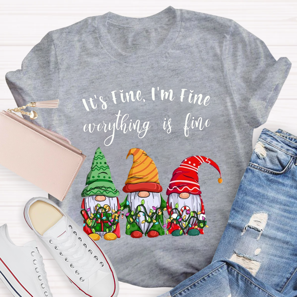 It's Fine I'm Fine Everything Is Fine Gnome Christmas Teacher T-Shirt