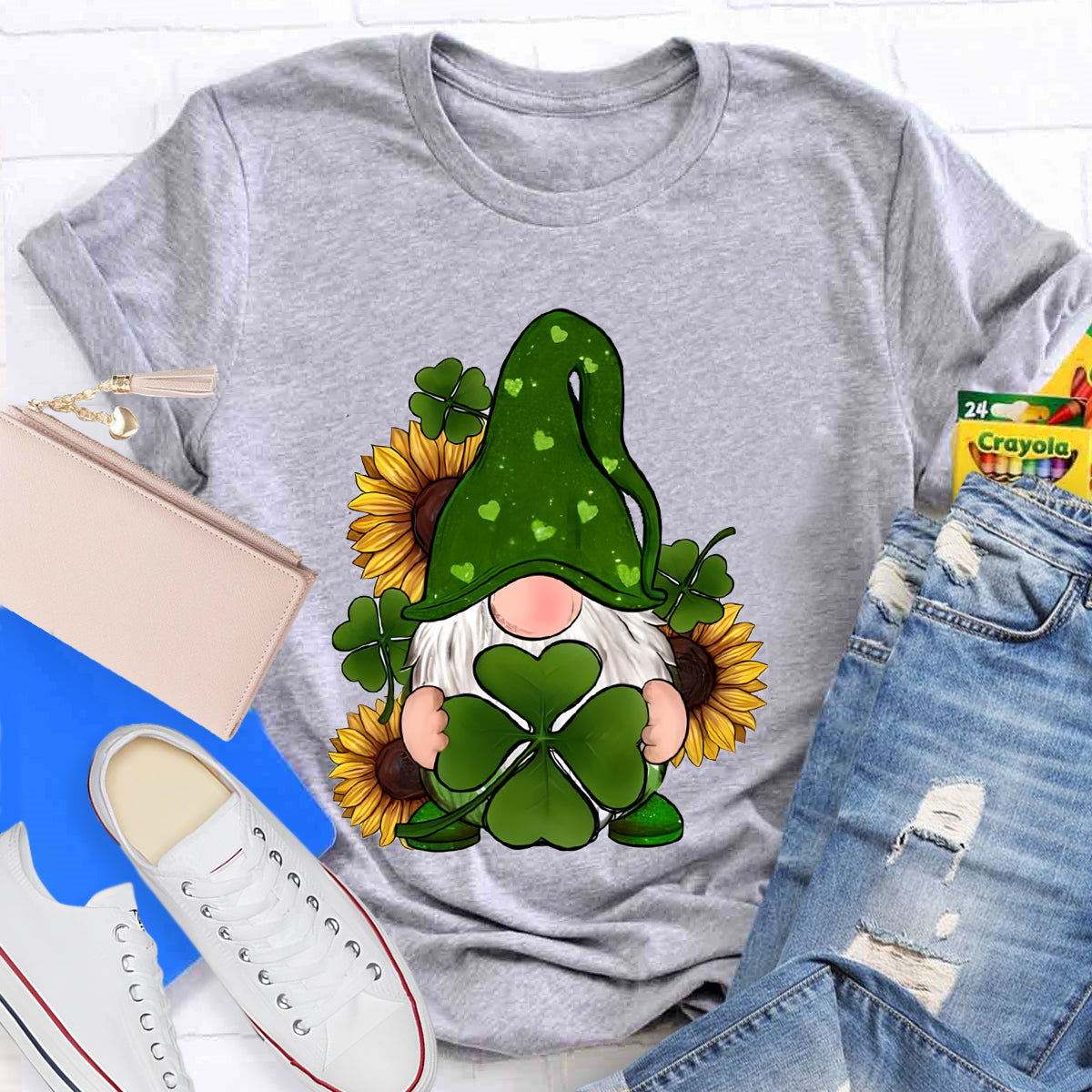 St. Patricks Day Gnome With Sunflowers Teacher T-Shirt