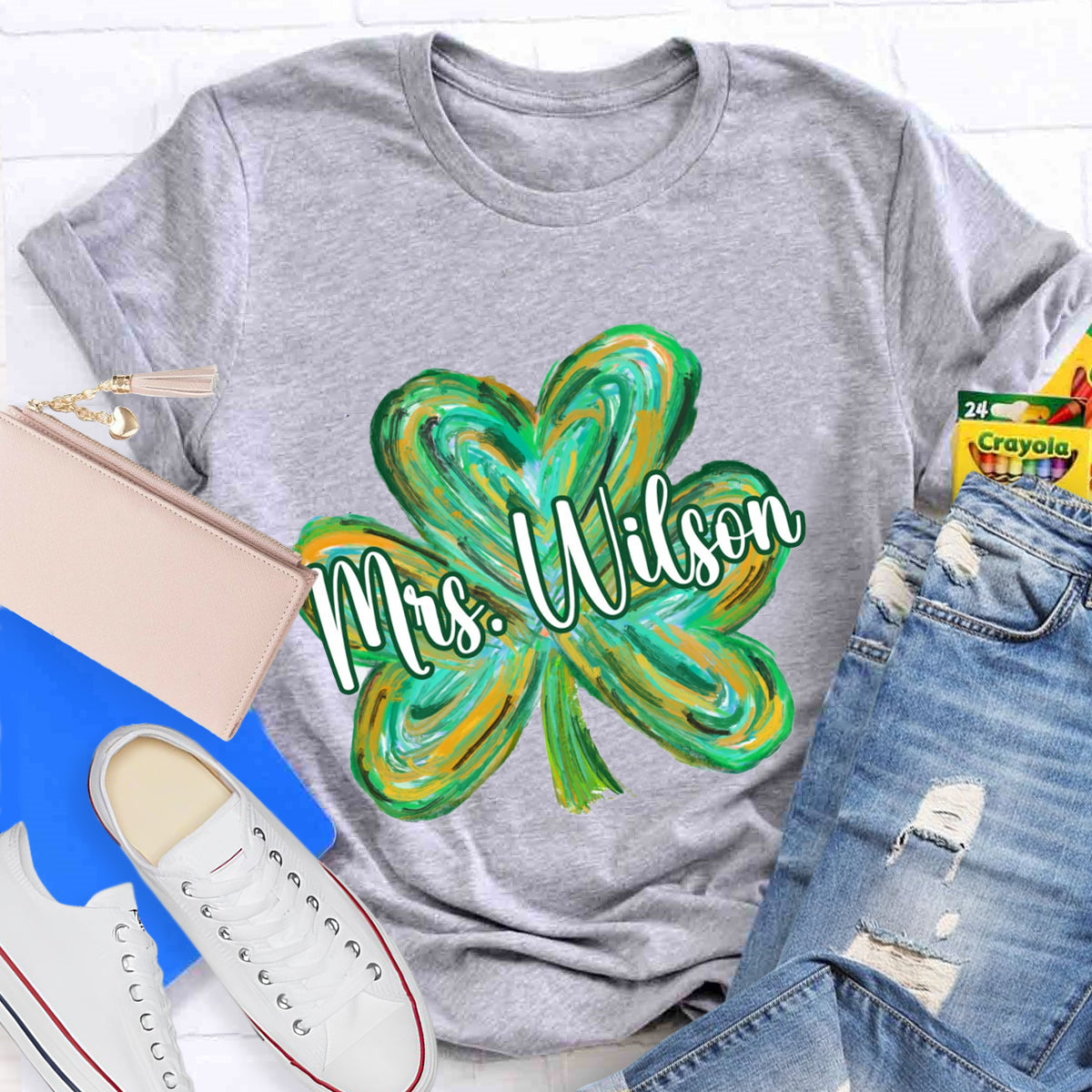 Personalized Name Colorful Shamrock Teacher T-Shirt