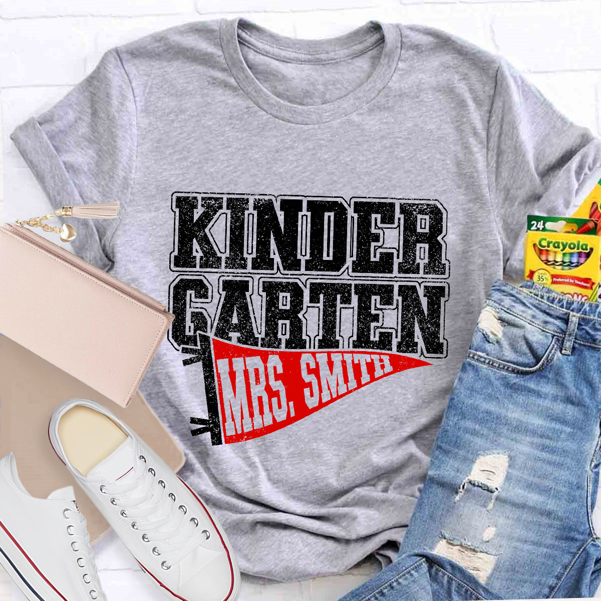 Personalized Grade And Name Flag Shaped Print Teacher T-Shirt