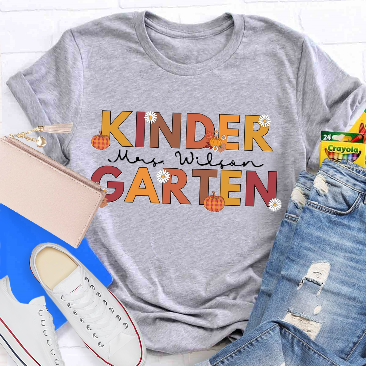 Personalized Name Fall Thanksgiving Kindergarten Teacher T-Shirt